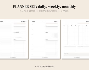May include: A printable planner set with three pages: daily, weekly, and monthly. The pages are designed in a minimalist style with black lines on a white background.