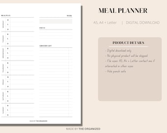 Meal Planner Printable, Weekly Food Diary, Meal Tracker, Food Journal, Menu Plan & Prep, Grocery List, Diet, Fitness, Health