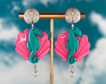 Mermaid Seahorse Earrings polymer clay earrings 90s seashell earrings lightweight earrings handmade gift for her unique gift funky earrings