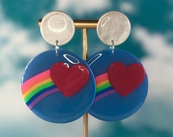 Rainbow Heart Earrings / 80s Retro Earrings / 90s Earrings / Bright Funky Earrings / Rave Accessories / Festival Accessories