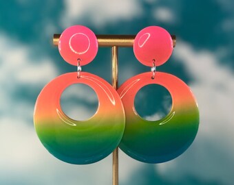 Rainbow Ombre Mod Hoops Funky Earrings Polymer clay earrings geometric statement earrings handmade gift pride earrings retro 60s earrings