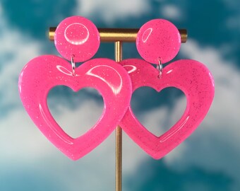 Hot Pink Sparkly Heart Hoops / 90s Earrings / 2000s Aesthetic / Bright Funky Lightweight Earrings / Festival Accessories / Rave Accessories