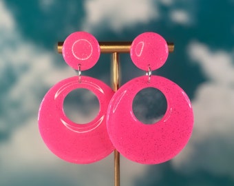 Pendientes de aro rosa chicle brillantes estilo mod / Pendientes retro de los 60 / Pendientes de los 90 / Pendientes ligeros, llamativos y originales / Accesorios para raves / Accesorios para festivales