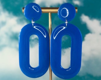 Blue Oval Mod Hoops / 60s Retro Earrings / 90s Earrings / Bright Funky Lightweight Earrings / Festival Accessories / Rave Accessories