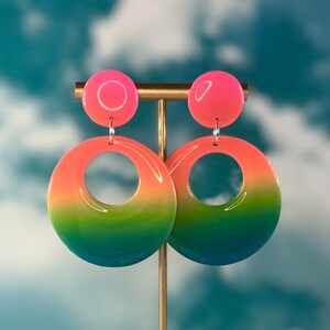 Rainbow Ombre Mod Hoops Funky Earrings Polymer clay earrings geometric statement earrings handmade gift pride earrings retro 60s earrings