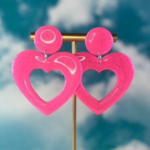 Hot Pink Sparkly Heart Hoops / 90s Earrings / 2000s Aesthetic / Bright Funky Lightweight Earrings / Festival Accessories / Rave Accessories
