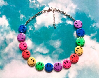 Rainbow Smile Face Necklace / Custom Size / Extended Plus Size Choker / 60s Hippie Necklace / 90s Necklace / Pride Jewelry / Funky Jewelry
