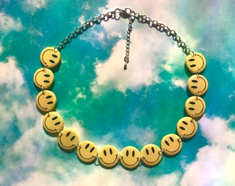 Yellow Smile Face Necklace / Custom Size / Extended Plus Size Choker / 60s Hippie Necklace / 90s Smile Necklace / Rave Gear Funky Jewelry