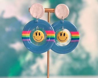 Rainbow Smile Earrings / 60s Retro / 90s Style / Bright Funky Earrings / Lightweight Smiley Face Earrings / Retro Nostalgia / Big Earrings