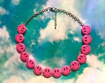 Hot Pink Smile Face Necklace / Custom Size / Extended Plus Size Choker / 60s Hippie Necklace / 90s Necklace / Neon Rave Gear Funky Jewelry