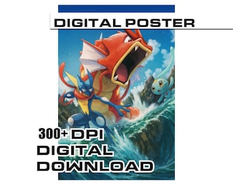 May include: Digital poster featuring a vibrant illustration of three fantasy creatures in a dynamic water scene. The artwork includes a large red and white dragon-like creature, a blue and yellow ninja-like figure, and a small blue aquatic character. Text reads "DIGITAL POSTER" and "300+ DPI DIGITAL DOWNLOAD".