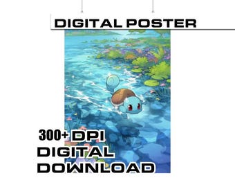 Puede incluir: Póster digital con una criatura de dibujos animados parecida a una tortuga nadando en un entorno acuático azul y verde. El póster tiene el texto "DIGITAL POSTER" en la parte superior y "300+ DPI DIGITAL DOWNLOAD" en la parte inferior.