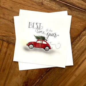 Cartolina di Natale con oldtimer, albero di Natale e testo - set di 6 biglietti con busta bianca - formato quadrato 15x15 cm, set di cartoline di Natale