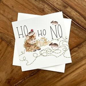 Drôle de carte de Noël avec chat et souris, ho ho pas de jeu de texte de 6 cartes avec enveloppe blanche - taille carrée 15x15 cm, jeu de cartes de Noël