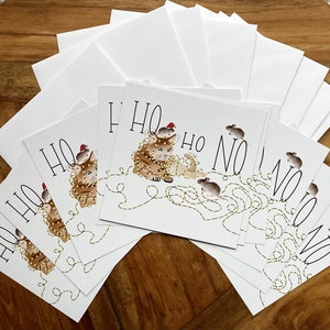 Cartão de Natal engraçado com gato e rato, ho ho sem texto - conjunto de 12 cartões incluindo envelope branco - tamanho quadrado 15x15 cm, conjunto de cartões de Natal