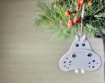 Hippo fused glass Christmas ornament holiday decoration glass ornament