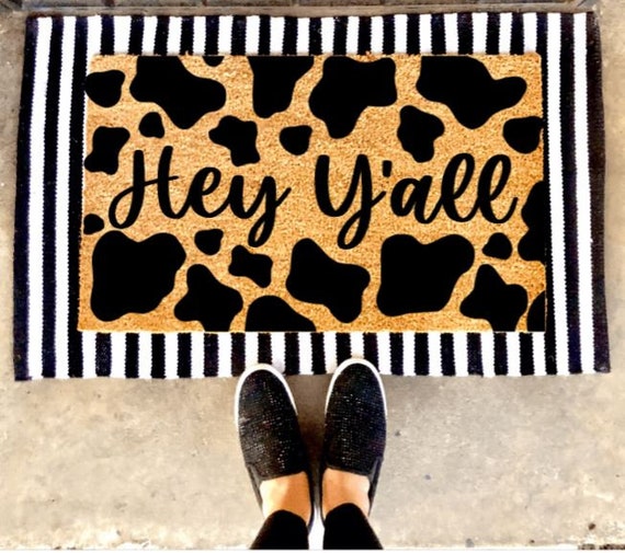 Hey Yall Cow Print Doormat | Animal Print | Western | Ranch | Farm | Custom Doormat | Holiday | Gift Idea |