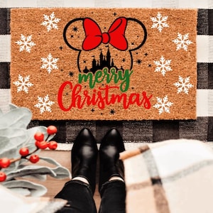 Minnie Disney Castle Christmas Doormat | Winter | Custom Doormat | Holiday | Gift Idea | Christmas | Snowflakes
