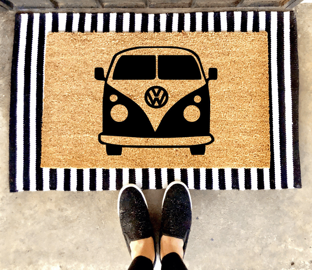 BRISA VW Collection - Volkswagen Foot Mat Doormat Rug Shoe Dirt Trapper  with Beetle, T1, T2, T3 Bus, GTI Motif (T1 Bus/Rays/Blue)