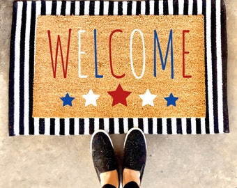 4th of July Welcome Stars Doormat | Summer | Red White and Blue | Custom Doormat | Holiday | Gift Idea |
