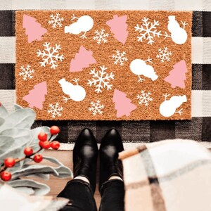 Pink Christmas Trees & Snowflakes Doormat | Winter | Custom Doormat | Holiday | Gift Idea | Cute Doormat | Modern Doormat