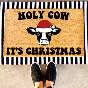 Holy Cow It&#39;s Christmas Doormat | Cow Doormat | Country Doormat | Ranch Doormat | Cute Doormat | Gift Idea | Christmas | Punny Doormats