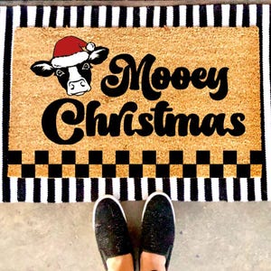 Mooey Christmas Checkered Doormat | Cow Doormat | Country Doormat | Ranch Doormat | Cute Doormat | Gift Idea | Christmas | Punny Doormats