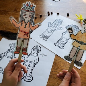 Thanksgiving History, Color your own Pilgrims and Native Americans Popsicle Puppets, Activity Homeschool Unit Study Lesson