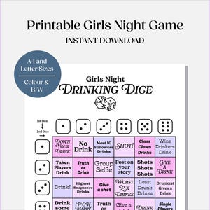 Girls Night Drinking Dice | Printable drinking game for girls night, staying in, wine nights and bachelorette parties | Digital download