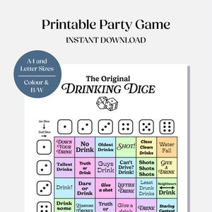 Drinking Dice | Printable drinking game for adults, fun for pres, freshers, uni, house parties and getting drunk | Digital download