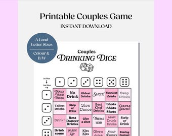 Dés à boire en couple | Jeu à boire à imprimer pour les couples, amusant pour les rendez-vous, les soirées et l'ivresse | Téléchargement numérique
