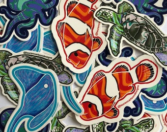 Sea Creature Sticker Bundle: Clownfish, Turtle, Stingray, Octopus