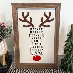 Reindeer Names Sign, Rudolf the Red Nose Reindeer, Christmas Decor, Framed Christmas Sign, Holiday Decor