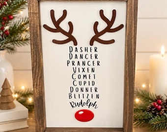 Reindeer Names Sign, Rudolf the Red Nose Reindeer, Christmas Decor, Framed Christmas Sign, Holiday Decor