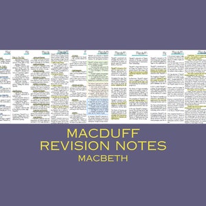 May include: Handwritten notes on a purple background with the title "Macduff Revision Notes Macbeth". The notes are in yellow, green, and blue and cover the character of Macduff from Shakespeare's play Macbeth.