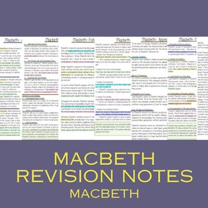 May include: A colourful chart with revision notes for the play Macbeth by William Shakespeare. The chart is divided into sections with headings like "Macbeth", "Macbeth - Fort", "Macbeth - Apper", "Macbeth - F", "Grad", and "Key Quich".
