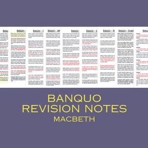 May include: A set of revision notes for the play Macbeth, titled "Banquo Revision Notes". The notes are divided into sections, each with a heading in red text.