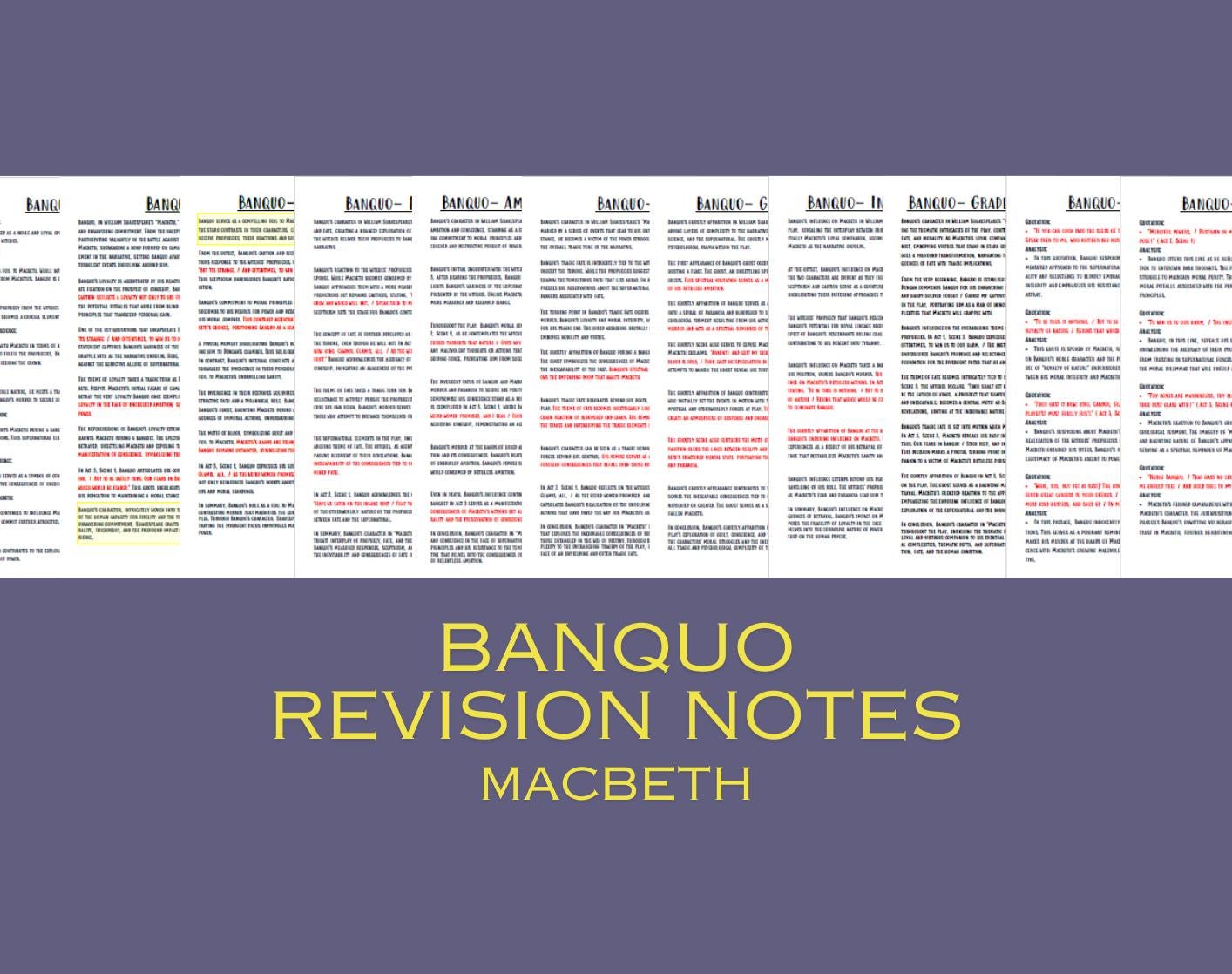 Banquo revision notes/ Macbeth character analysis/ UK GCSE Shakespeare study guide/ Teacher resource/ themes/ key quotes/ study notes