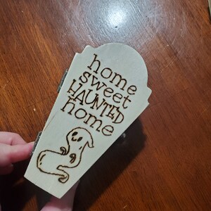 Home sweet haunted home stained tiny coffin with ghost
