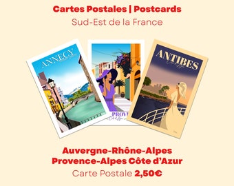 Ansichtkaart Auvergne Rhône-Alpes - Provence-Alpes-Côte d'Azur | Zuidoost-reizen | Vintage minimalistisch | Reiskaart | Interieur decoratie