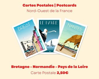 Cartolina Bretagna - Normandia - Paesi della Loira | Francia Nord-Ovest - Viaggi | Minimalista vintage | Cartolina di viaggio | Decorazione d'interni