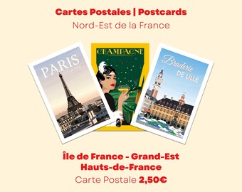 Cartolina Île de France - Grand-Est - Hauts-de-France | Viaggio nel Nord-Est della Francia | Minimalista vintage | Cartolina di viaggio | Decorazione d'interni