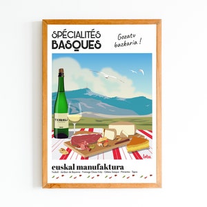 Affiche Spécialités Basques - Pays Basque, Cuisine Basque| Poster Vintage Minimaliste | Affiche de Voyage | Travel Poster | Déco intérieure