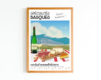 Affiche Spécialités Basques - Pays Basque, Cuisine Basque| Poster Vintage Minimaliste | Affiche de Voyage | Travel Poster | Déco intérieure