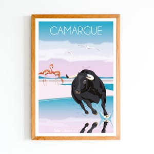 Camargue Poster - Bull, Flamingos - Nature Reserve | Minimalist Vintage Poster | Travel Poster | Decor