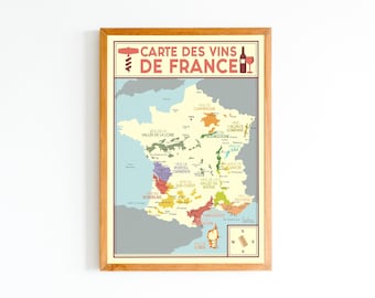 Affiche Carte des Vins de France | Poster Vintage Minimaliste | Affiche de Voyage | Travel Poster | Déco intérieure