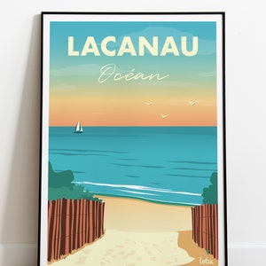 K&ouml;nnte beinhalten: Ein Vintage-Reiseposter mit einer Sonnenuntergangsszene &uuml;ber einem Strand. Das Poster zeigt den Text "Lacanau Oc&eacute;an" in gelber Schrift. Das Poster ist in Schwarz gerahmt.