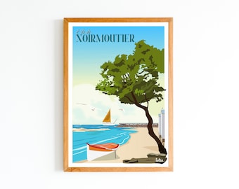 May include: A framed illustration of a beach scene with a sailboat in the water, a small red and white boat on the shore, and a large green tree. The text "L'ile de NOIRMOUTIER" is at the top of the image.