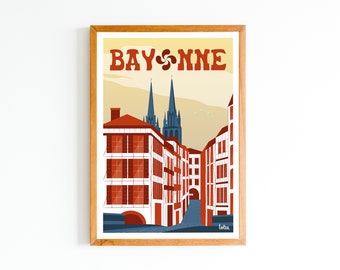 Póster de Bayona - País Vasco | Póster minimalista vintage | Póster de viaje | Decoración de interiores