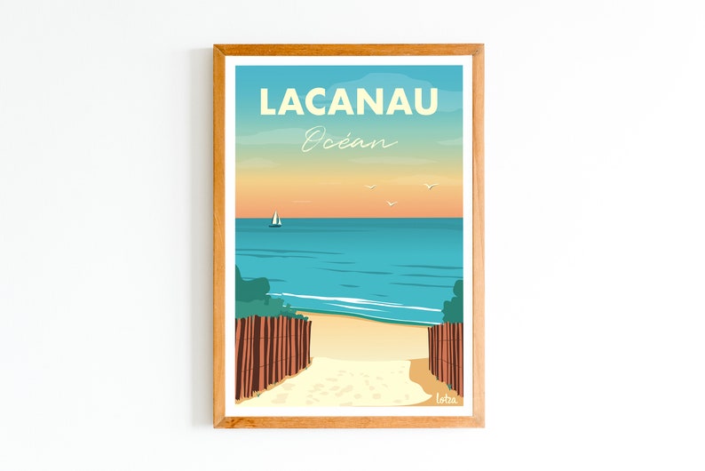 K&ouml;nnte beinhalten: Ein Vintage-Reiseposter mit einer Strandszene, die einen Holzsteg zeigt, der zum Meer f&uuml;hrt. Das Poster tr&auml;gt den Text "Lacanau Oc&eacute;an" in gelber Schrift.